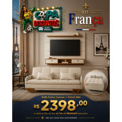 Kit Copa - Painel Bali para Tvs até 65″ – Off White/Naturale + Sofá Cama 3 Lugares Cannes - Veludo Bege