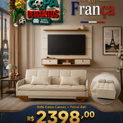 Kit Copa - Painel Bali para Tvs até 65″ – Off White/Naturale + Sofá Cama 3 Lugares Cannes - Veludo Bege