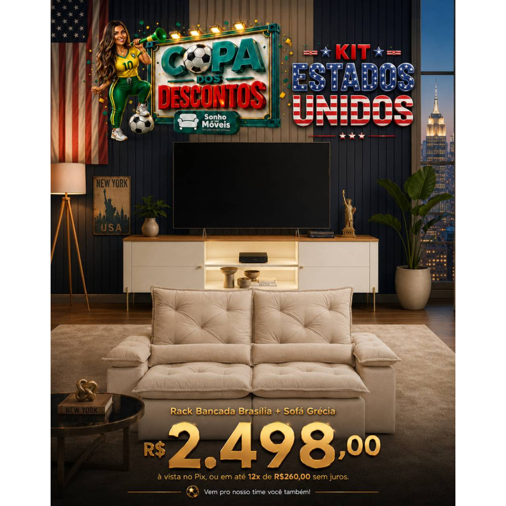 Kit Copa - Rack Bancada Brasilia para Tvs até 75 " - Off White/Canela + Sofá Retrátil e Reclinável Grécia 2m - Bege