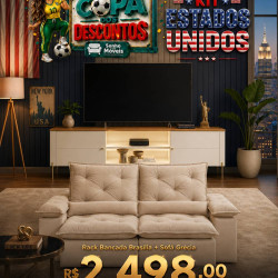 Kit Copa - Rack Bancada Brasilia para Tvs até 75 " - Off White/Canela + Sofá Retrátil e Reclinável Grécia 2m - Bege