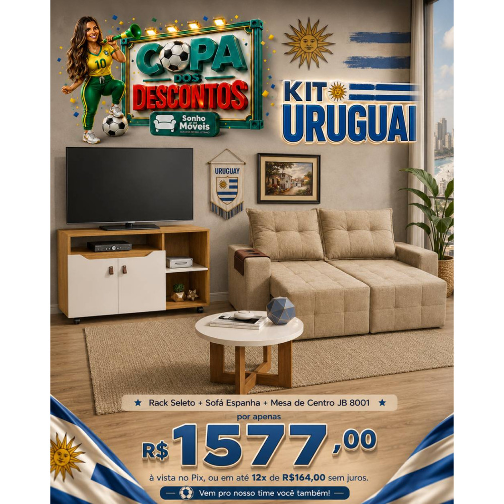 Kit Copa - Rack Seleto para TV até 49'' - Cinamomo/Off White + Sofá Espanha Retrátil Reclinável 1,50m - Bege + Mesa de Centro JB 8001 - Jb Bechara - Pérola / Nature