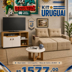 Kit Copa - Rack Seleto para TV até 49'' - Cinamomo/Off White + Sofá Espanha Retrátil Reclinável 1,50m - Bege + Mesa de Centro JB 8001 - Jb Bechara - Pérola / Nature