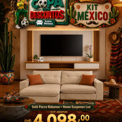 Kit Copa - Home Suspenso Loa para Tvs até 75" - Off White Matte / Freijó + Sofá Pacco Rabanne Retrátil e Reclinável 2,50m - Veludo Bege