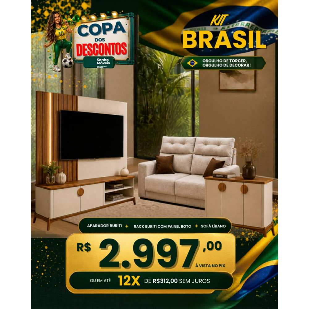 Kit Copa - Rack Buriti 1.4 com Painel Boto 1.4 + Aparador Buffet Buriti 3 portas + Sofá Retrátil e Reclinável Libano 2m - Veludo Bege