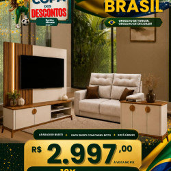 Kit Copa - Rack Buriti 1.4 com Painel Boto 1.4 + Aparador Buffet Buriti 3 portas + Sofá Retrátil e Reclinável Libano 2m - Veludo Bege