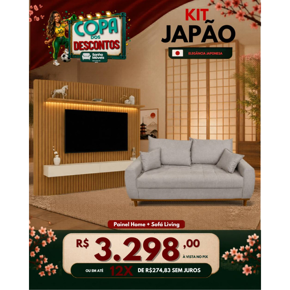 Kit Copa - Painel Home Nobre Ripado 184 cm c/ Led para Tv 65 " - Naturale/Off White + Sofá Living 03 3 lugares Linho - Bege