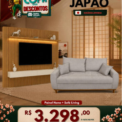 Kit Copa - Painel Home Nobre Ripado 184 cm c/ Led para Tv 65 " - Naturale/Off White + Sofá Living 03 3 lugares Linho - Bege