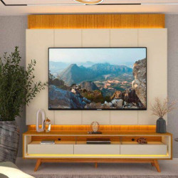 Conjunto Painel Magnífico 220 + Rack Requinte 212 cm para Tvs até 65" Requinte c/ Led e pés Palito - Naturale / Off White