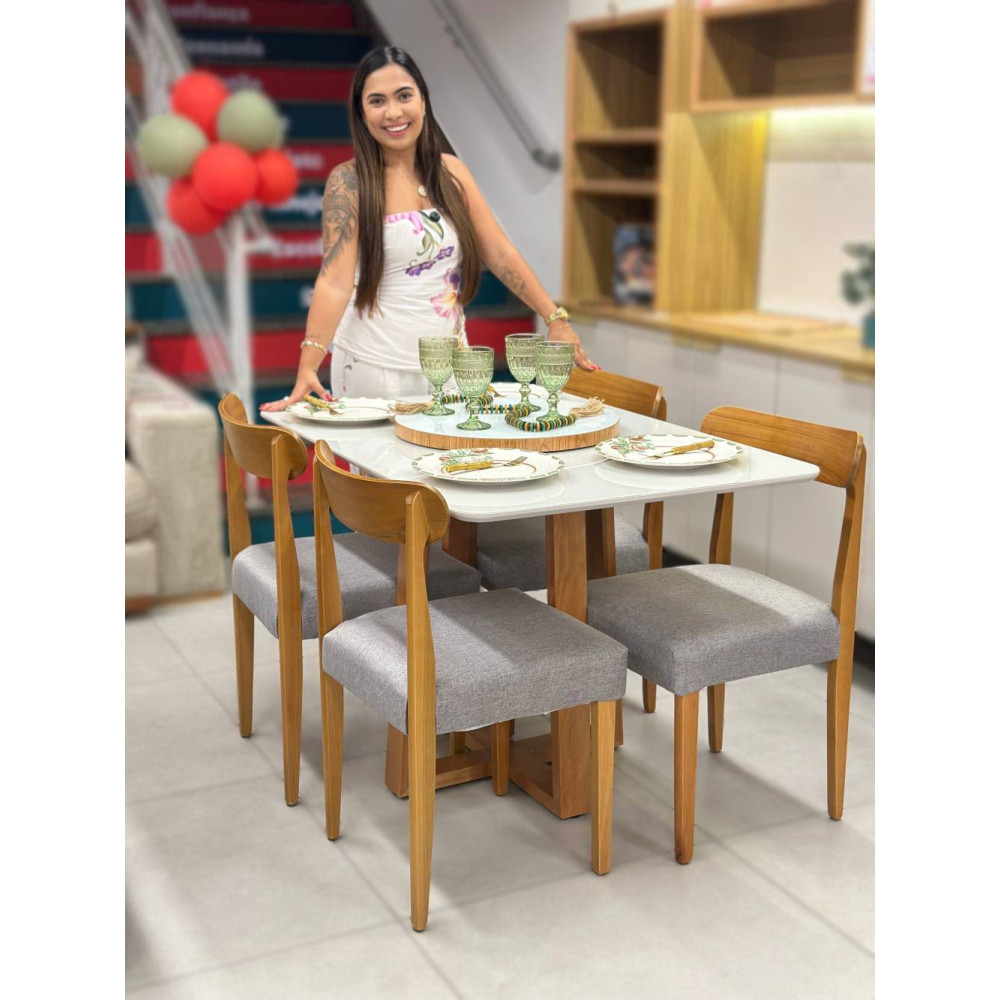Mesa de Jantar Pedro 120x80 c/ 4 Cadeiras Maragogi Linho Cinza - Mel / Off White