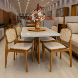 Mesa de Jantar Tália 120cm Tampo vidro Off White com 4 cadeiras Turquia Premium tela madeira - Linho Bege