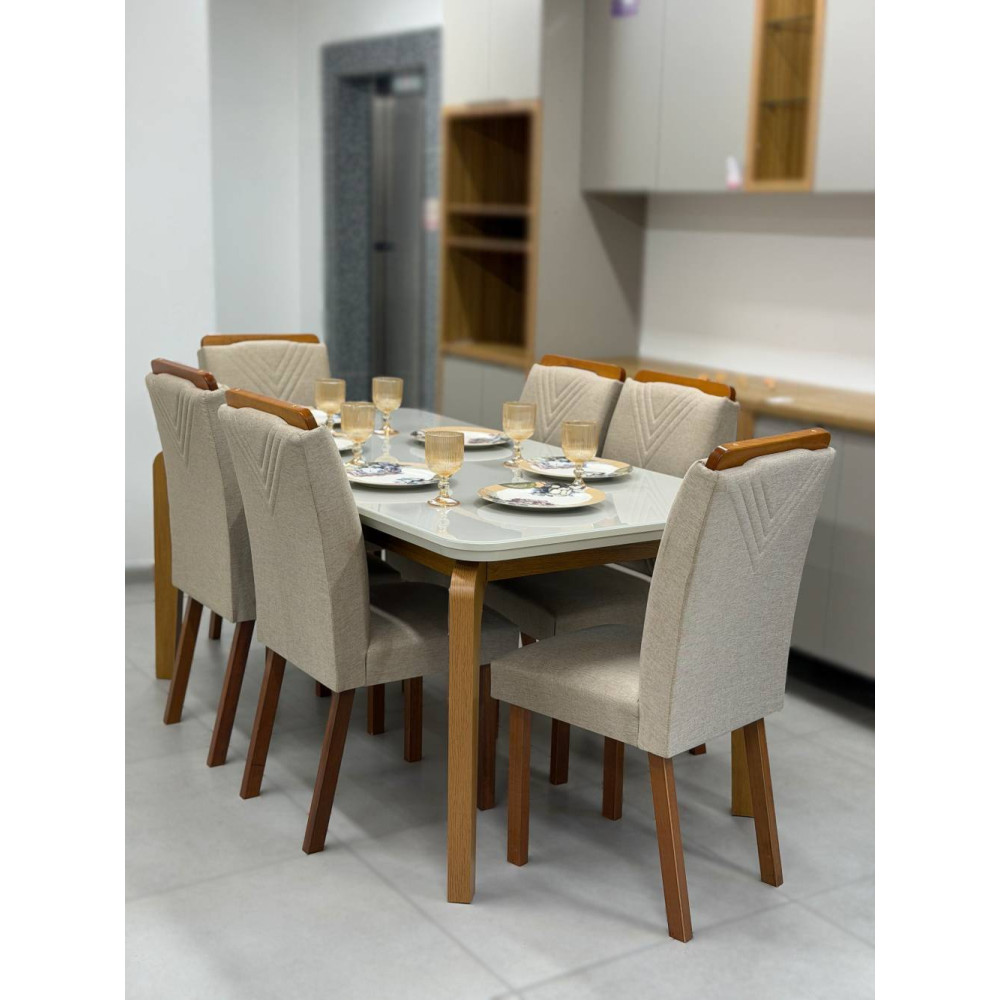 Mesa de Jantar Londrina 1.80cm Tampo Off White com  6 cadeiras Amsterdã - Linho Bege