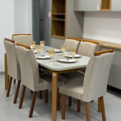 Mesa de Jantar Londrina 1.80cm Tampo Off White com  6 cadeiras Amsterdã - Linho Bege