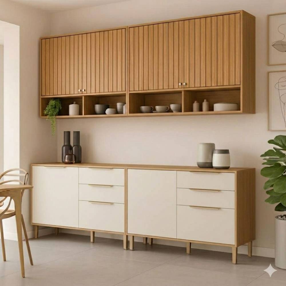 Cozinha Divina c/4 Peças com 2 Aéreos 120cm + 2 Balcões 120cm -Cinamomo/Off White