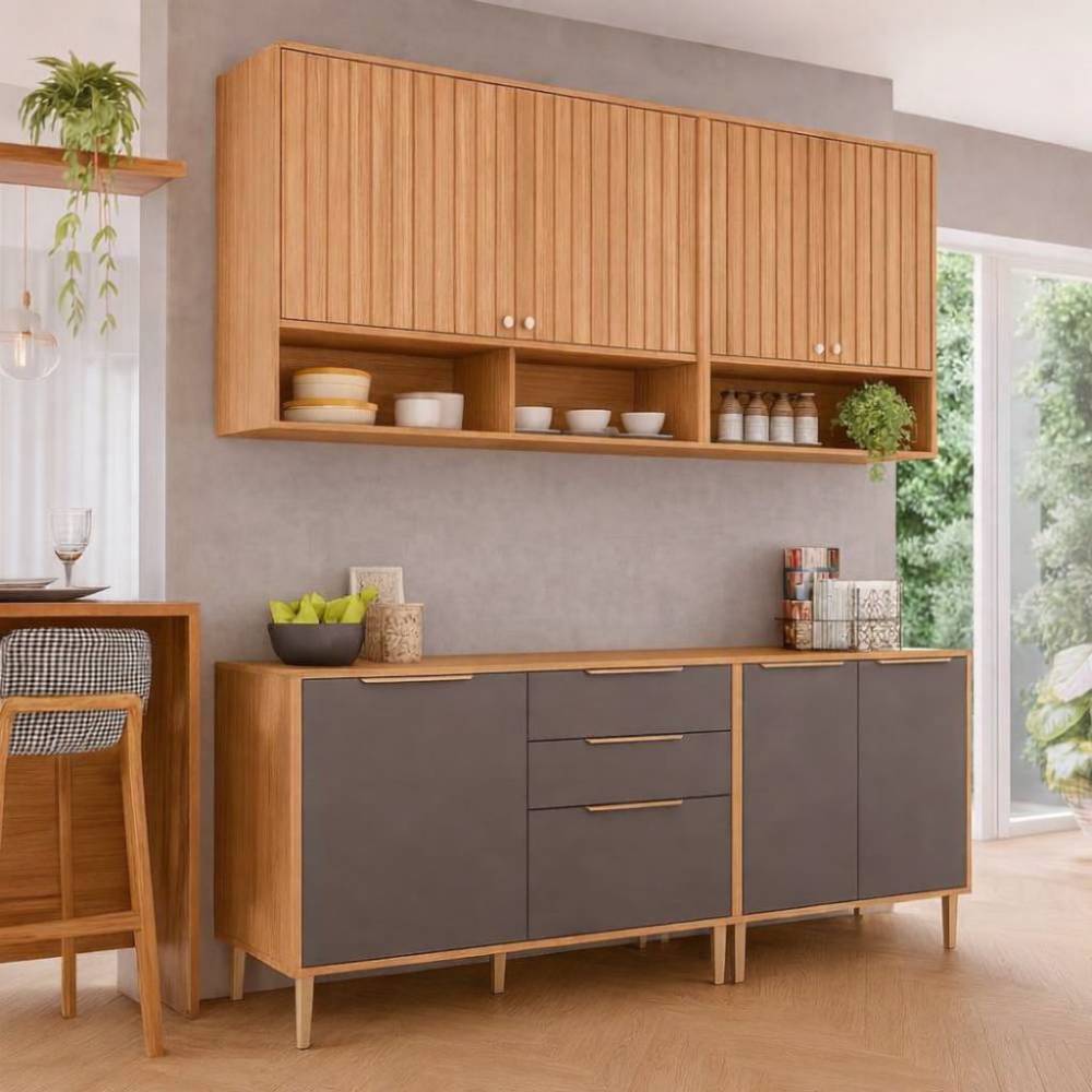 Armário Aéreo Divina com 2 Portas e Nichos 120cm + Armário Aéreo Divina com 2 Portas e Nichos 80cm + Balcão Divina 2 Portas + Balcão Divina 2 Gavetas e 2 Portas 120cm - Cinamomo/Titanium