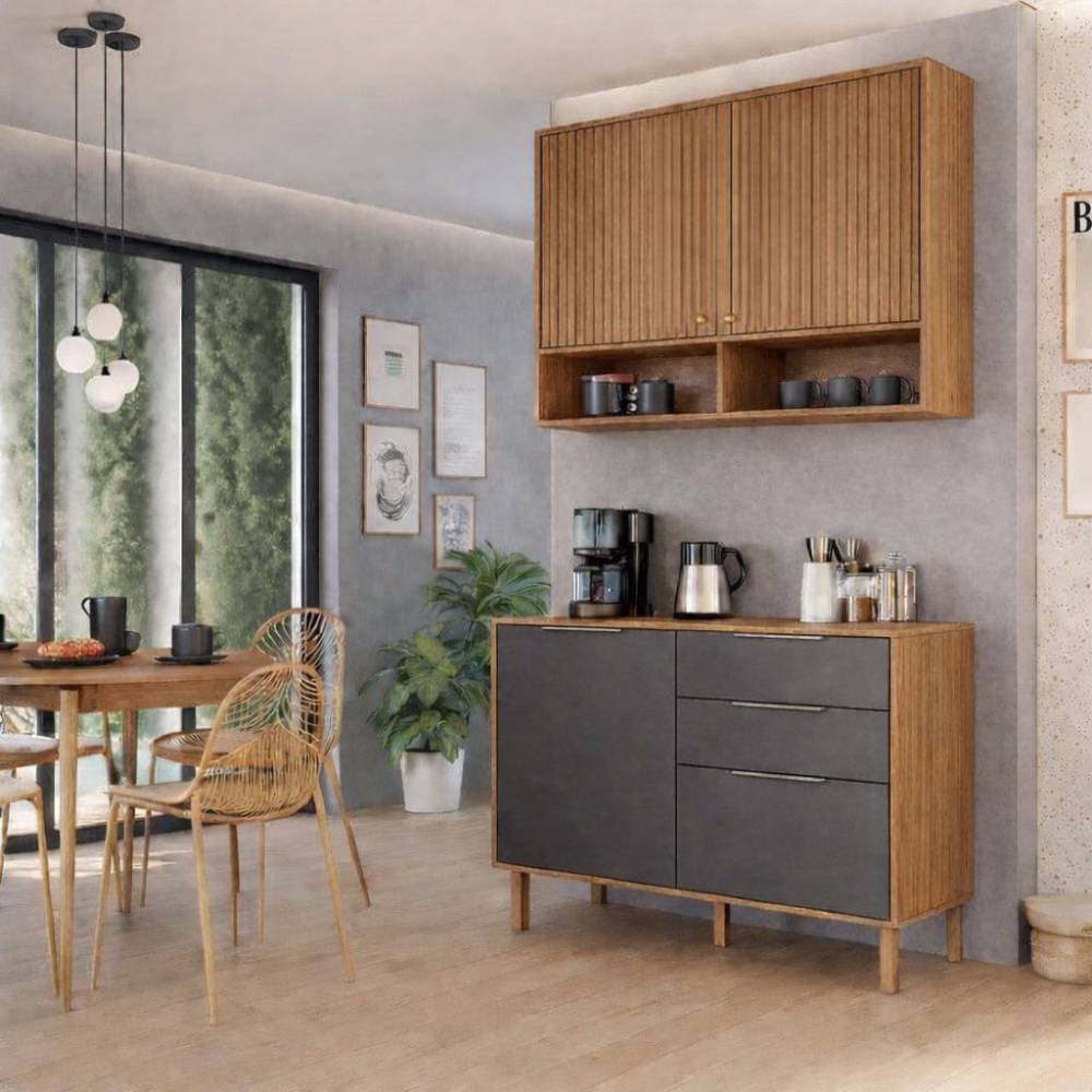 Armário Aéreo Divina com 2 Portas e Nichos 120cm + Balcão Divina c/ 2 Portas e 2 Gavetas 120cm - Cinamomo/Titanium