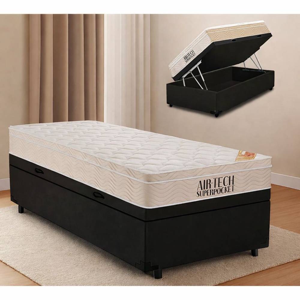 Base Baú Solteiro Courino - Preto + Colchão Ortobom c/ Molas Ensacadas Airtech Spring Pocket Solteiro