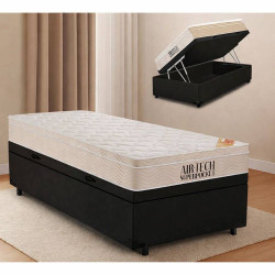 Base Baú Solteiro Courino - Preto + Colchão Ortobom c/ Molas Ensacadas Airtech Spring Pocket Solteiro