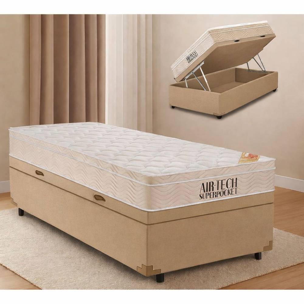 Base Baú Solteiro Courino - Bege + Colchão Ortobom c/ Molas Ensacadas Airtech Spring Pocket Solteiro