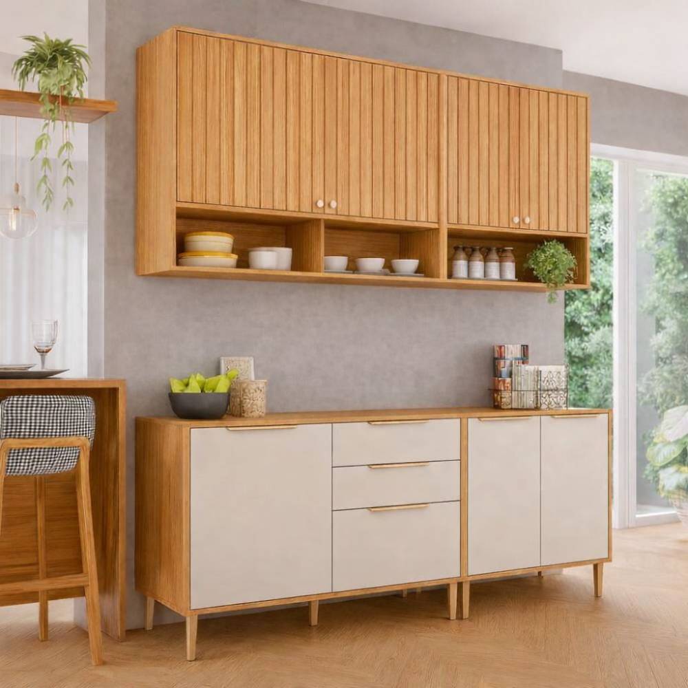 Armário Aéreo Divina com 2 Portas e Nichos 120cm + Armário Aéreo Divina com 2 Portas e Nichos 80cm + Balcão Divina 2 Portas + Balcão Divina 2 Gavetas e 2 Portas 120cm - Cinamomo/Off White