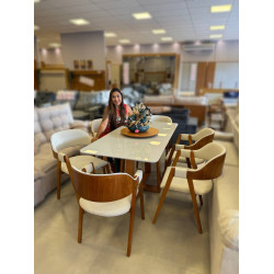 Mesa de Jantar Pedro 160x80 c/ 6 Cadeiras Costa Rica Linho Bege - Mel / Off White