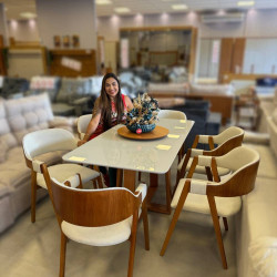 Mesa de Jantar Pedro 160x80 c/ 6 Cadeiras Costa Rica Linho Bege - Mel / Off White