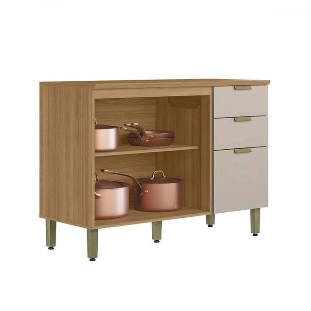 Balcão c/ Tampo c/ 2 portas e 3 Gavetas 120cm Selene - Jequitiba/Off White Fosco