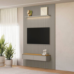 Painel Ripado Modular 1.8 + Nicho Curvo 1.4 + Prateleira Curva 1.4 - Tauari/Gris Fosco