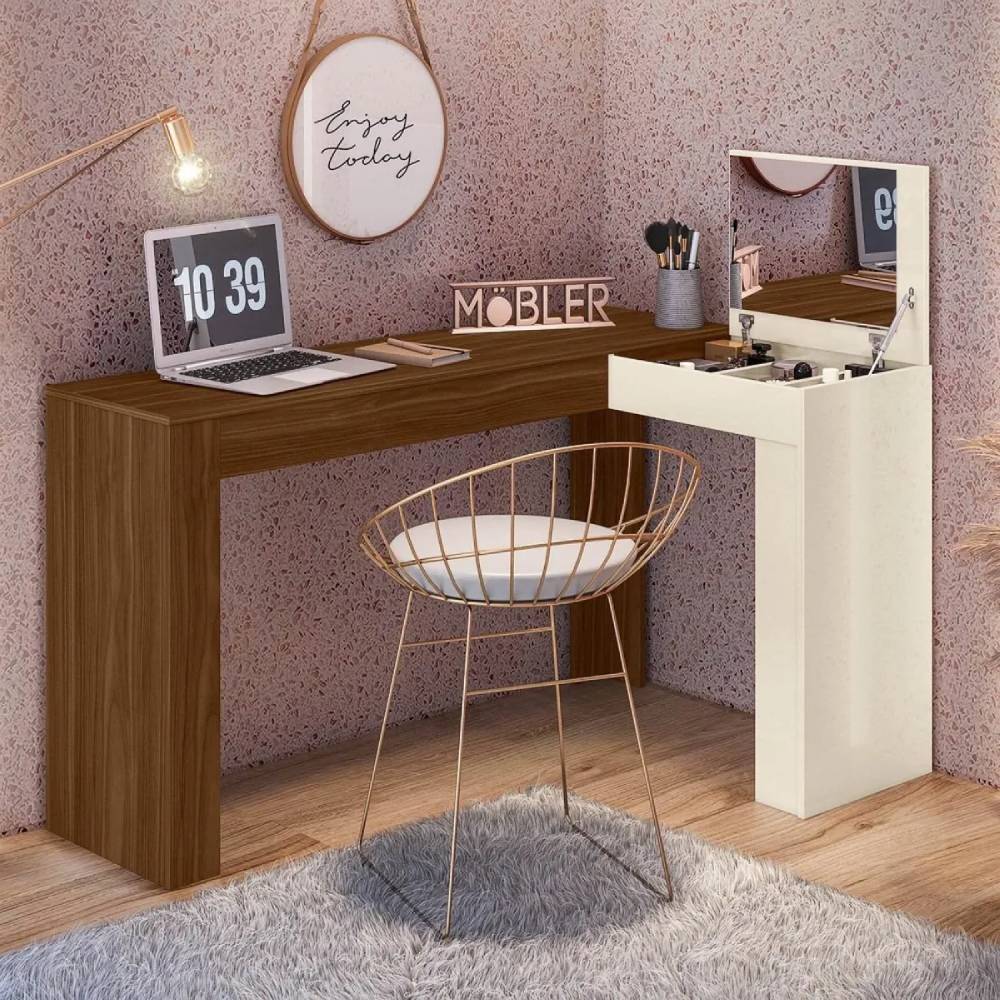 Escrivaninha de Canto com Penteadeira Jade - Freijo/Off White