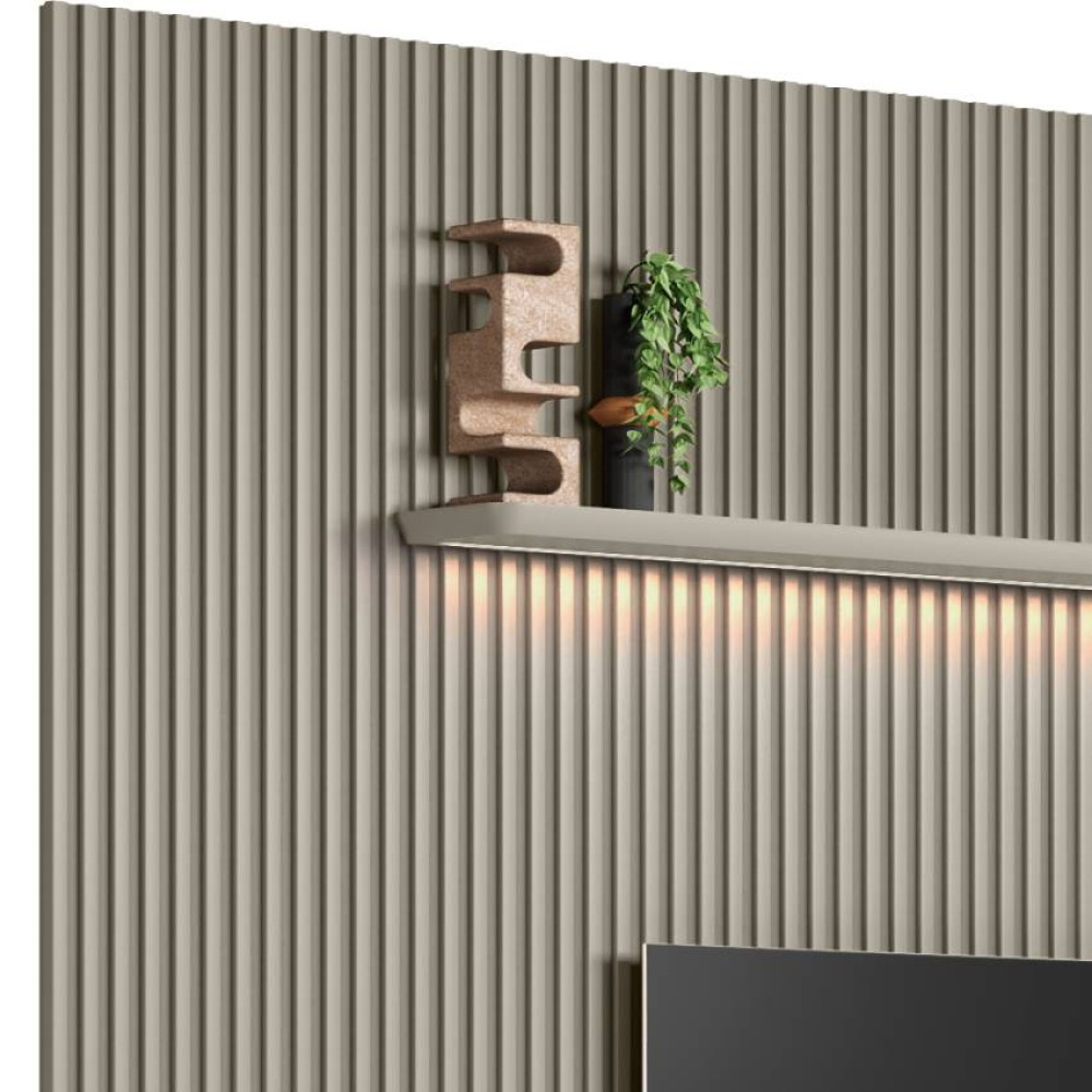 Painel Ripado Modular 1.8 + Nicho Curvo 1.4 + Prateleira Curva 1.4 - Tauari/Gris Fosco