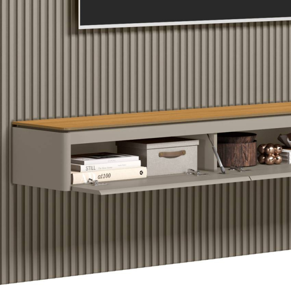 Painel Ripado Modular 1.4 + Nicho Curvo 1.4 + Prateleira Curva 1.4 - Tauari/Gris Fosco