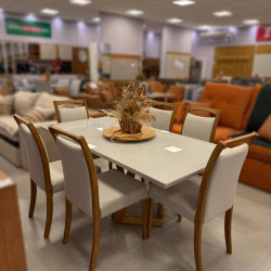 Mesa de Jantar Livia 180x90 c/ 6 Cadeiras Livia Linho Premium - Off White/ Cinamomo
