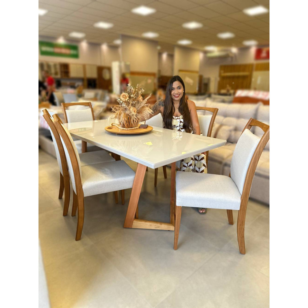 Mesa de Jantar Livia 180x90 c/ 6 Cadeiras Livia Linho Premium - Off White/ Cinamomo