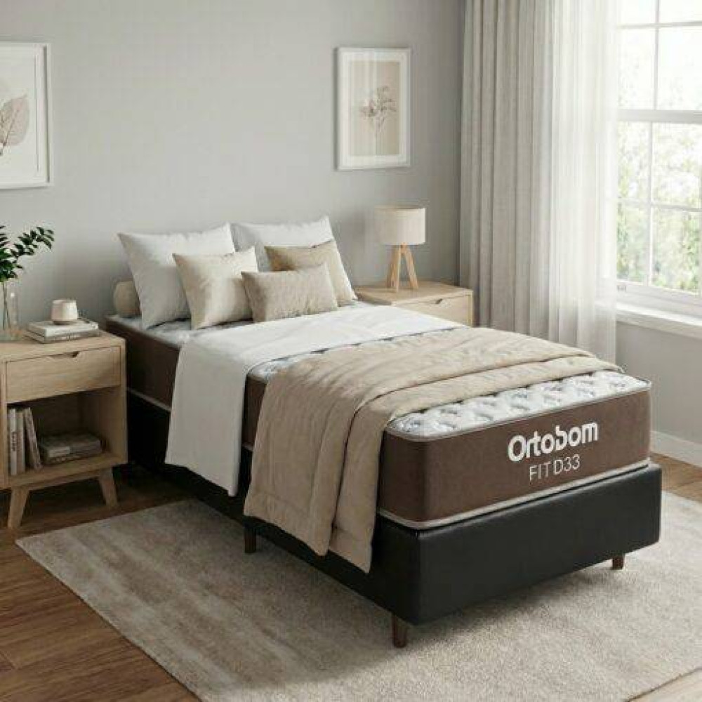 Colchão Solteiro Ortobom Fit D33 17cm -1,88x88x18 - Marrom + Base Solteiro (88x188x23) Courino - Preto