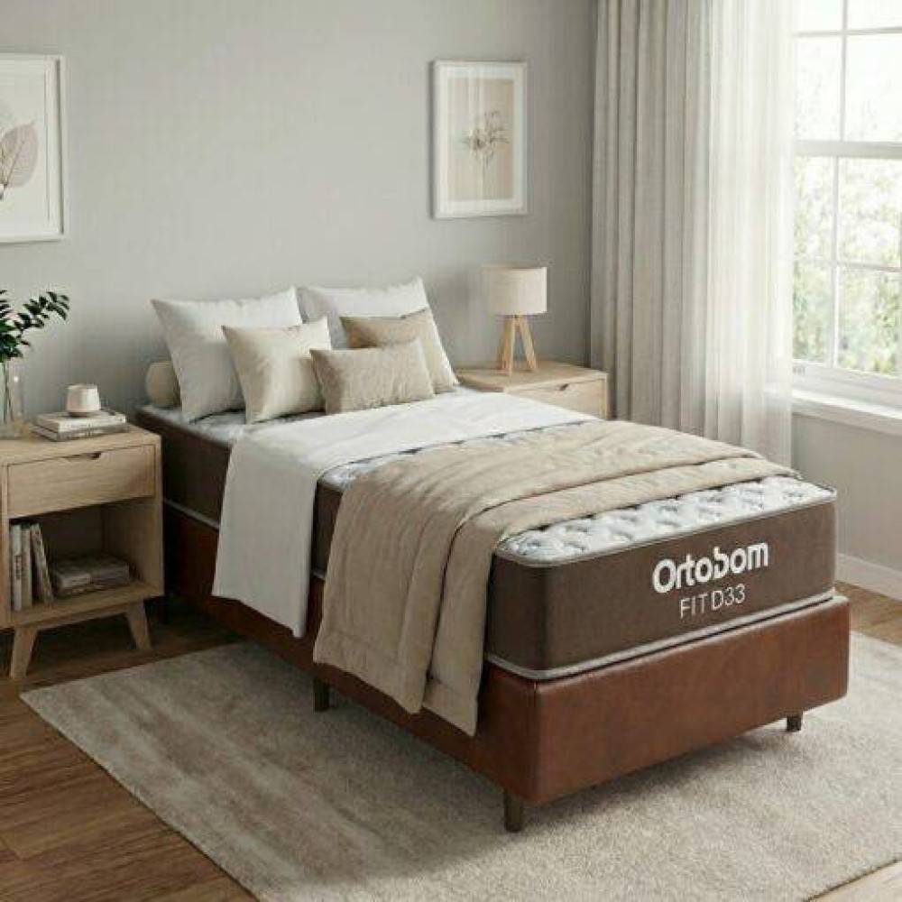 Colchão Solteiro Ortobom Fit D33 17cm -1,88x88x18 - Marrom + Base Solteiro (88x188x23) Courino - Marrom
