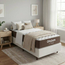 Colchão Solteiro Ortobom Fit D33 17cm -1,88x88x18 - Marrom + Base Solteiro (88x188x23) Courino - Branco