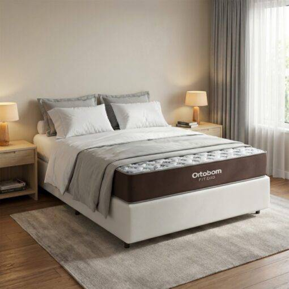 Colchão Casal Ortobom Fit D33 17 cm – 1,88x138x18 – Marrom + Base Cama Box Casal Courino - Branco