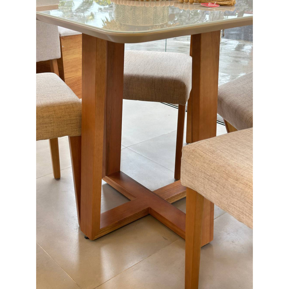 Mesa de Jantar Pedro 90x90 c/ 4 Cadeiras Itaipava Linho Bege - Mel / Off White
