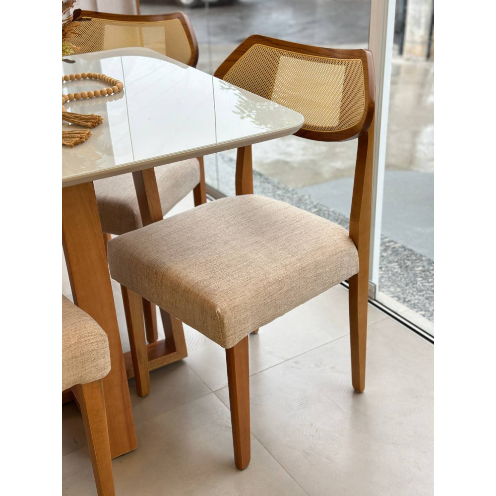 Mesa de Jantar Pedro 90x90 c/ 4 Cadeiras Itaipava Linho Bege - Mel / Off White