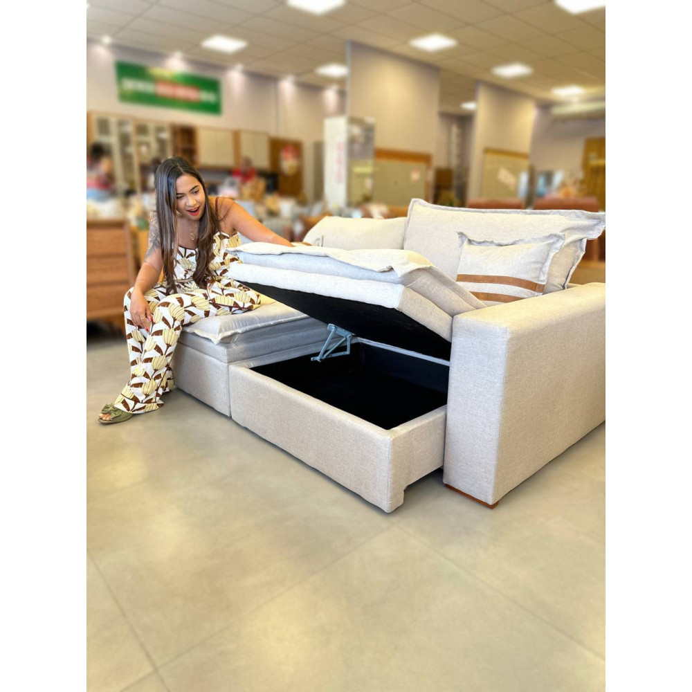 Sofá Retrátil e Reclinável C/ Baú Merli 2,31m  - Linho Bege 