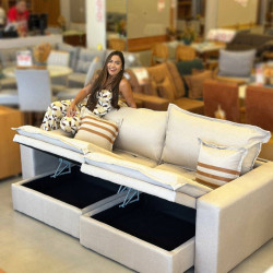 Sofá Retrátil e Reclinável C/ Baú Merli 2,31m  - Linho Bege 