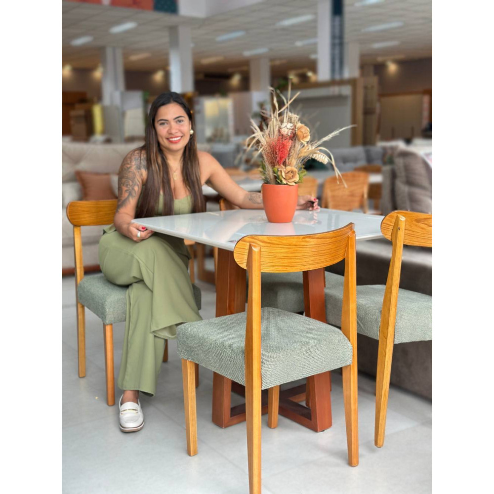 Mesa de Jantar Pedro 90x90 c/ 4 Cadeiras Maragogi Linho Verde - Mel / Off White