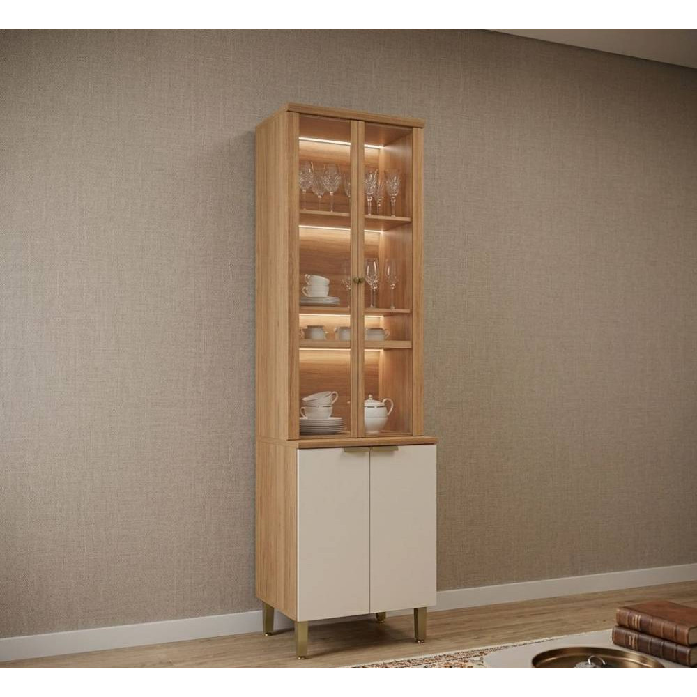 Cristaleira Selene C/ 4 Portas e C/ Led 65cm - Jequitiba/Off White Fosco