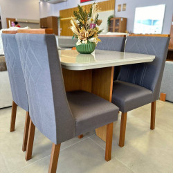 Mesa de Jantar Nevada 90x90cm Tampo Off White com 4 cadeiras Nevada - Linho Cinza