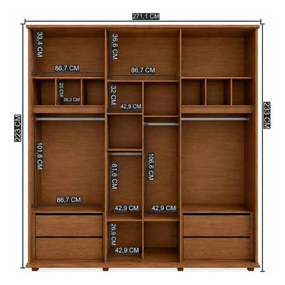Guarda Roupa Royal Casal com Led 6 Portas 4 Gavetas - Carvalho Tapajos 