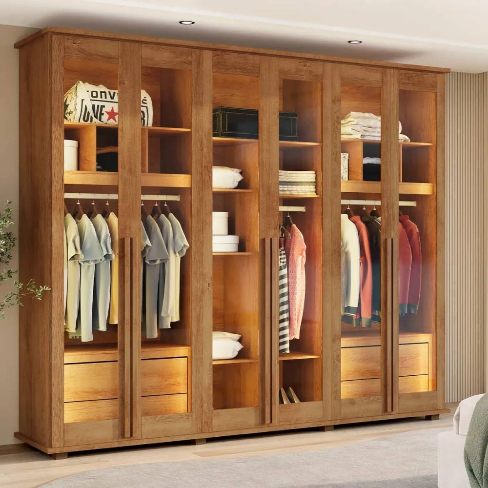 Guarda Roupa Royal Casal com Led 6 Portas 4 Gavetas - Carvalho Tapajos 