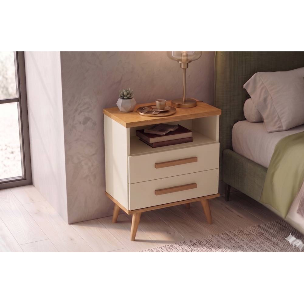 Mesa de Cabeceira Flora c/ 2 Gaveta - Off White/Nature 
