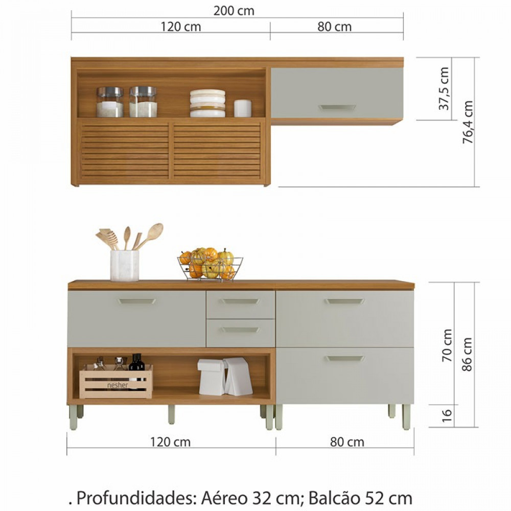 Cozinha Compacta Com 3 Peças Princesa Sem Paneleiro-Nesher - Freijó com Off white