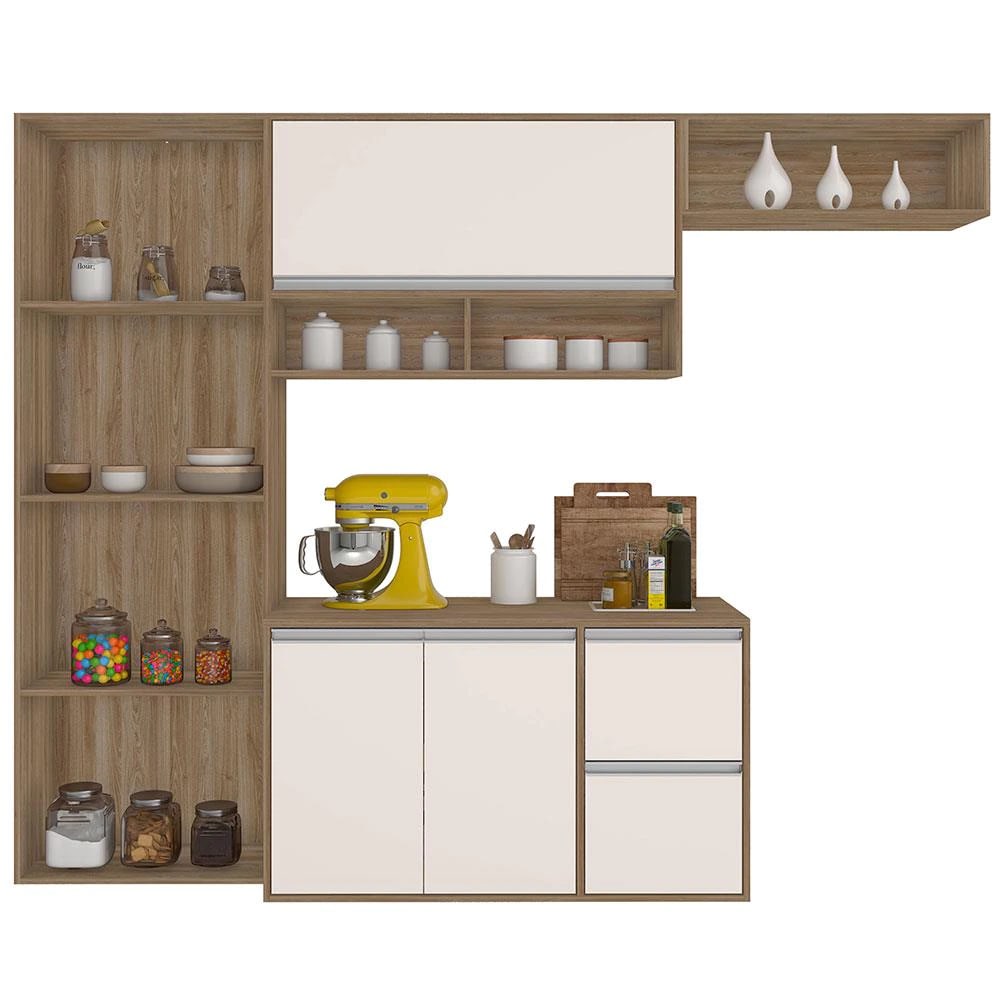 Cozinha Compacta Suspensa 3 Portas 2 Gavetas com Nichos Turim - Carvalho Oak / Off White