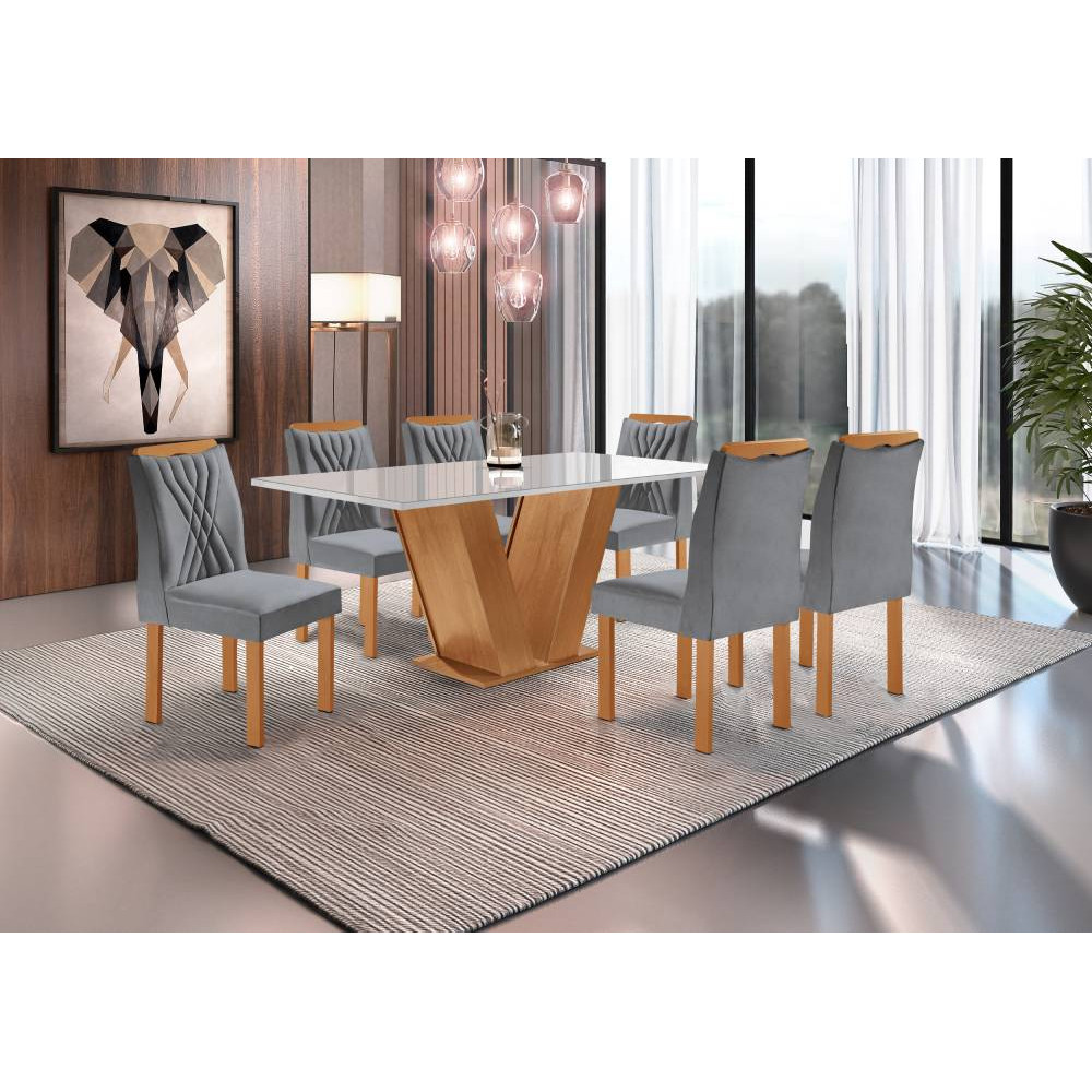 Mesa de Jantar Classic 160×80 com 6 Cadeiras Lisboa Prata - Cinamomo / Off White
