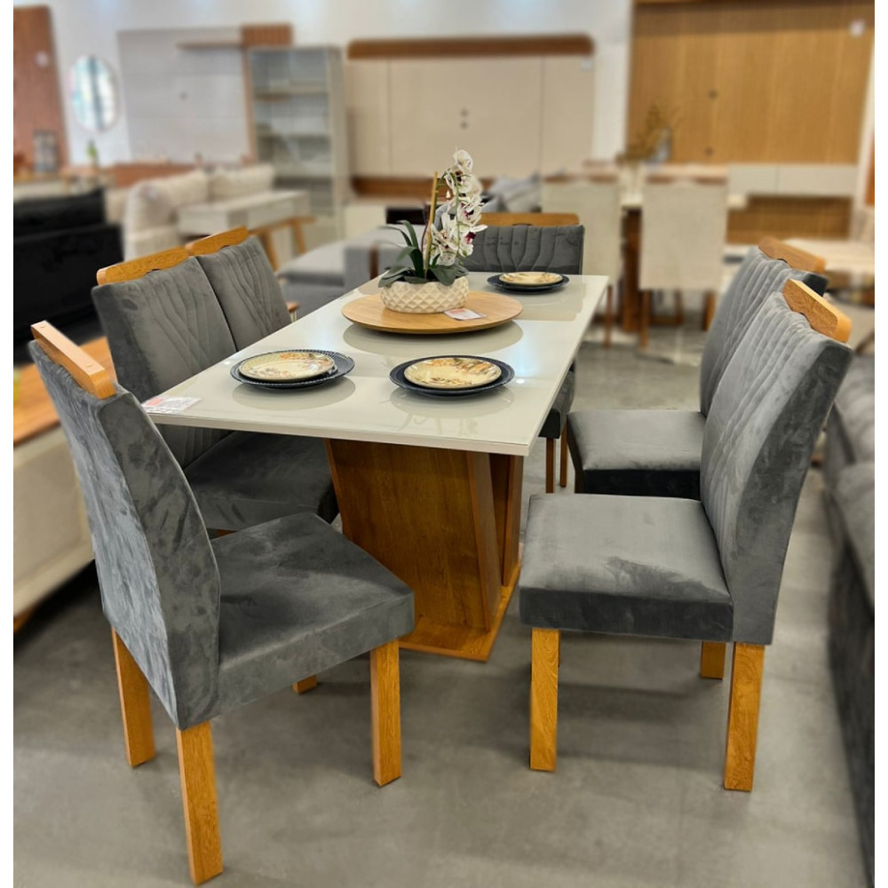 Conjunto de Mesa de Jantar com 6 Cadeiras Estofadas Maia I Veludo Off White  e Creme na Americanas Empresas